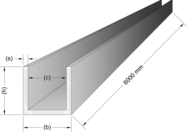 Dreidimensionales unbeschichtet Aluminium-U-Profil in Pressblank-Optik auf weißem Hintergrund