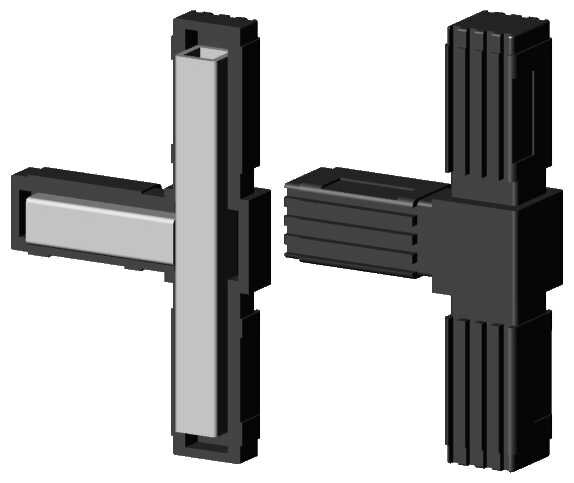 Kunststoff Eck-Verbinder für Quadratrohr 25,0 x 25,0 x 1,5 mm, Form: T schwarz mit Stahlkern
