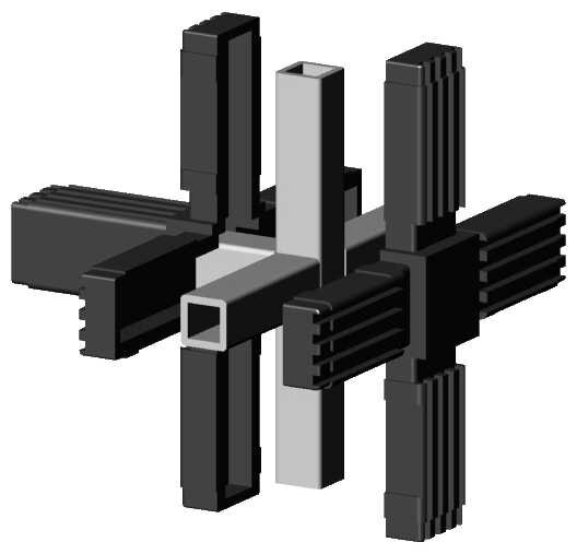 Kunststoff Eck-Verbinder für Quadratrohr 25,0 x 25,0 x 1,5 mm, Form: Kreuz mit Abgang schwarz mit Stahlkern