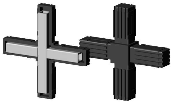 Kunststoff Eck-Verbinder für Quadratrohr 30,0 x 30,0 x 2,0 mm, Form: Kreuz schwarz mit Stahlkern